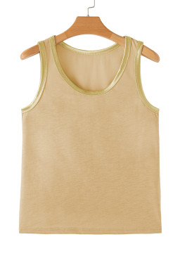 Tan Contrast Trim Round Neck Tank Top