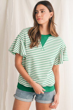 Bright Green Striped Ruffle Sleeve Round Neck Top