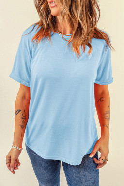 Light Blue Solid Color Basic Crew Neck Tee