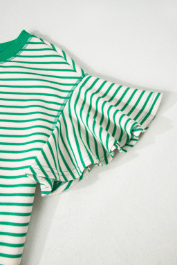 Bright Green Striped Ruffle Sleeve Round Neck Top