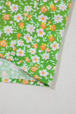 Green Floral Print Ruffle Sleeve V Neck Pleated Blouse