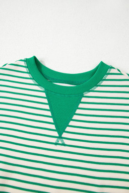 Bright Green Striped Ruffle Sleeve Round Neck Top