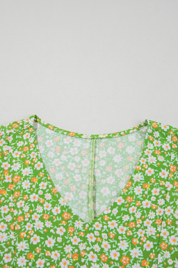 Green Floral Print Ruffle Sleeve V Neck Pleated Blouse