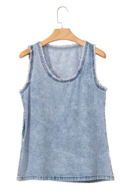 Beau Blue Mineral Wash Denim Frayed U Neck Sleeveless Top