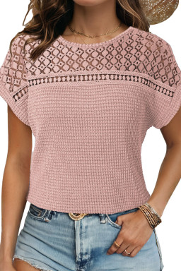 Light Pink Hollow Patchwork Waffle Knit Top