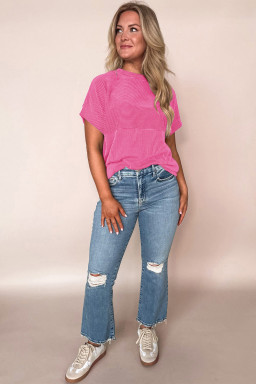 Bright Pink Plain Corded Mock Neck T Shirt