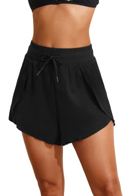 Black High Waist Drawstring 2-in-1 Side Pocket Bikini Shorts