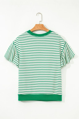 Bright Green Striped Ruffle Sleeve Round Neck Top