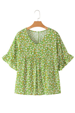 Green Floral Print Ruffle Sleeve V Neck Pleated Blouse