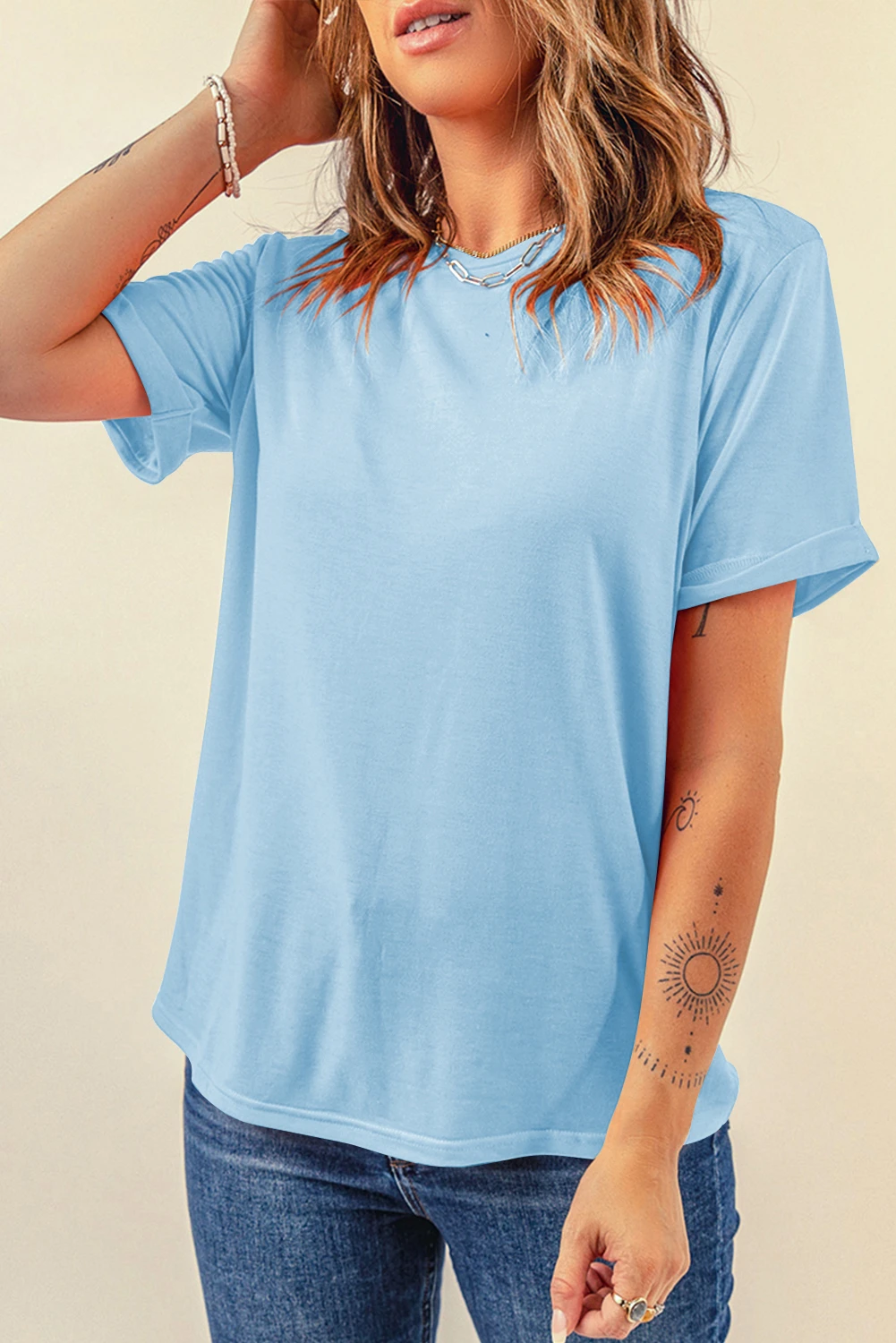 $7.52 Light Blue Solid Color Basic Crew Neck Tee Wholesale - Shewin