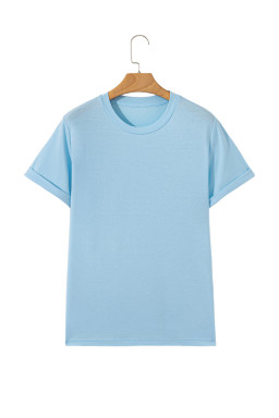 Light Blue Solid Color Basic Crew Neck Tee