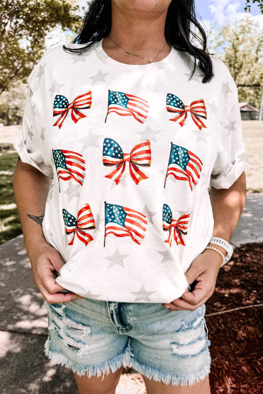 Khaki Patriotic Flag Bow Graphic Starry Round Neck T Shirt