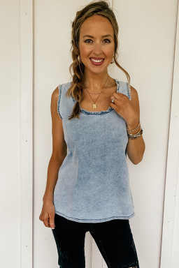 Beau Blue Mineral Wash Denim Frayed U Neck Sleeveless Top