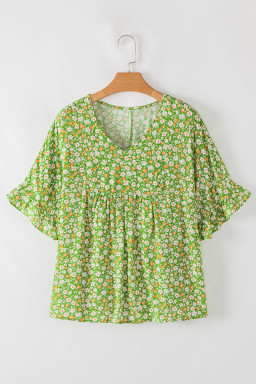 Green Floral Print Ruffle Sleeve V Neck Pleated Blouse