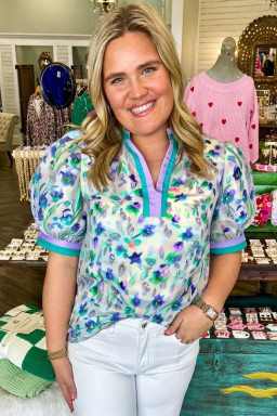 Green Floral Print Pop of Color Split Neck Puff Sleeve Plus Size Blouse