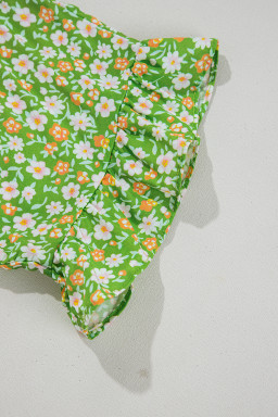 Green Floral Print Ruffle Sleeve V Neck Pleated Blouse