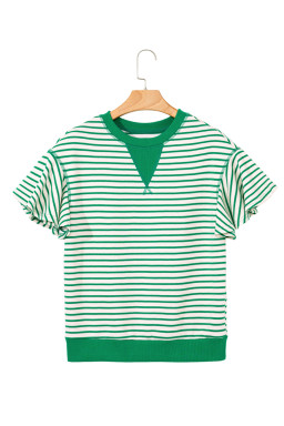 Bright Green Striped Ruffle Sleeve Round Neck Top