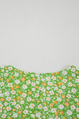 Green Floral Print Ruffle Sleeve V Neck Pleated Blouse