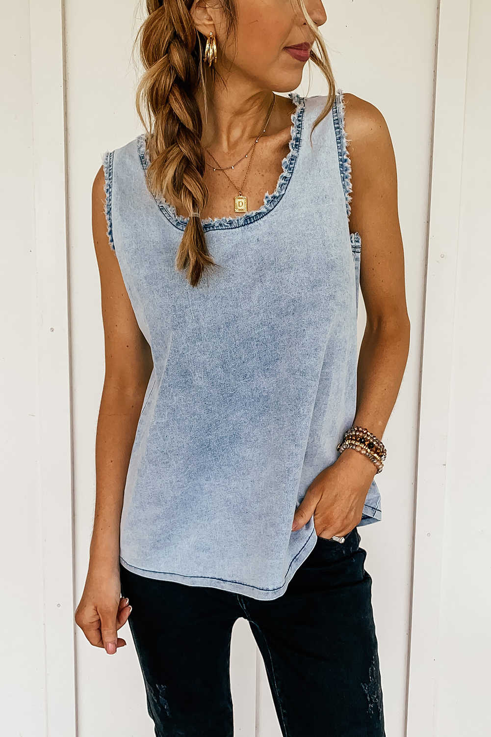 Beau Blue Mineral Wash Denim Frayed U Neck Sleeveless Top