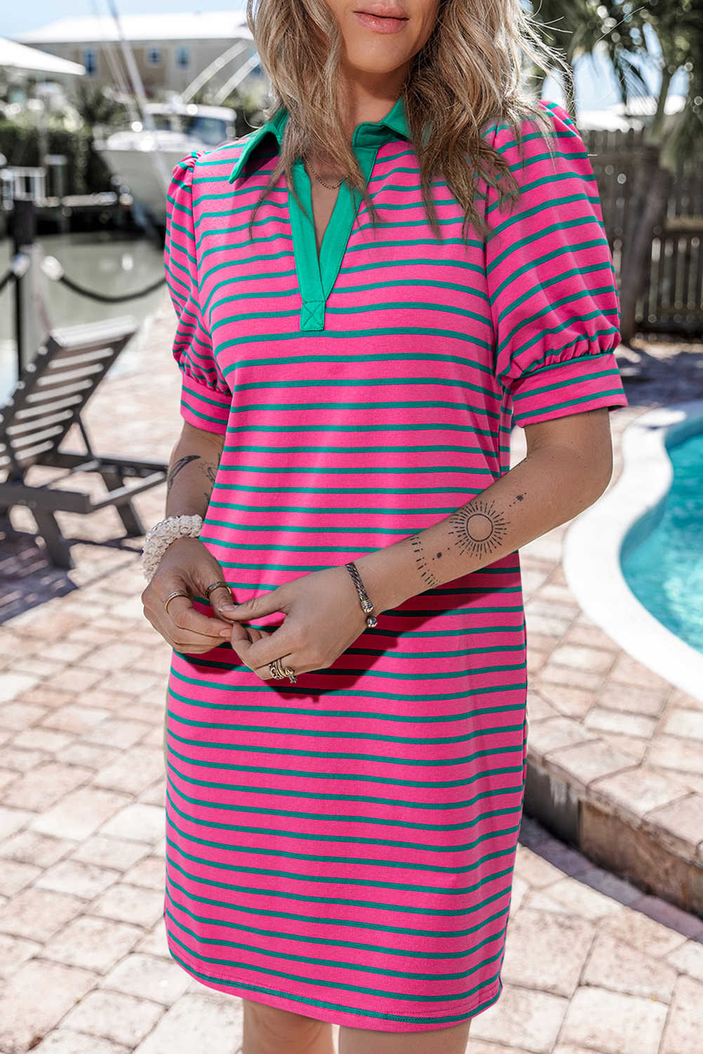 Pink Stripe Collared Puff Sleeve Pop of Color Neckline T Shirt Dress