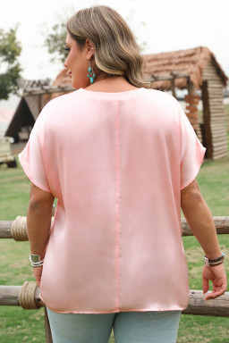 Pink Metallic Sheen Short Batwing Sleeve Plus Size Blouse