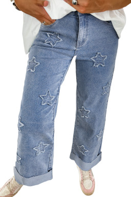 Dusk Blue Star Patched Straight Leg Loose Jeans