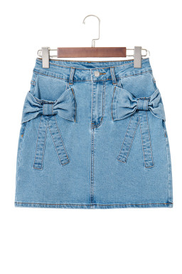Dusk Blue Acid Washed Bowknot Details High Waist Denim Skirt