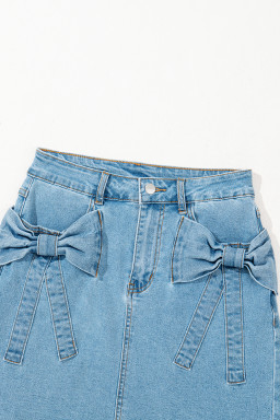 Dusk Blue Acid Washed Bowknot Details High Waist Denim Skirt
