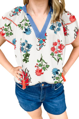 White Floral Tassel Tie V-Neck Lace Trim Ruffle Blouse