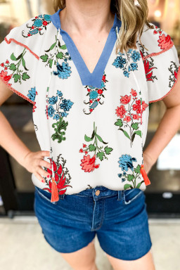 White Floral Tassel Tie V-Neck Lace Trim Ruffle Blouse