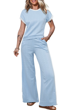 Beau Blue Textured Colorblock Edge Sleeveless Top High Waist Pants Set