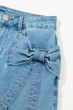 Dusk Blue Acid Washed Bowknot Details High Waist Denim Skirt