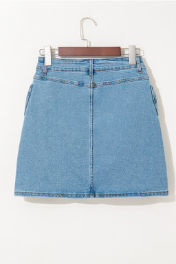 Dusk Blue Acid Washed Bowknot Details High Waist Denim Skirt
