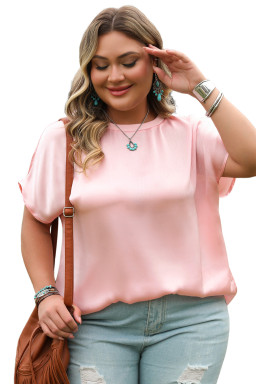 Pink Metallic Sheen Short Batwing Sleeve Plus Size Blouse