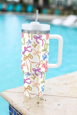 White Bow Knot Print Large Stainless Steel Vacuum Cup
