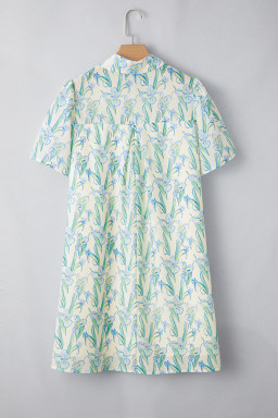 Green Floral Half Button Short Sleeve Mini Dress