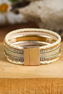 Beige BLESSED Rhinestone Leather Layered Bracelet