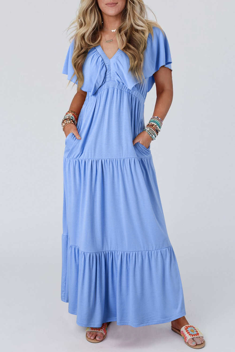 Sky Blue Textured V Neck Flutter Sleeve Ruffled Maxi Dress