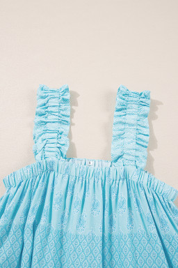 Sky Blue Floral Print Ruffled Wide Strap Loose Top