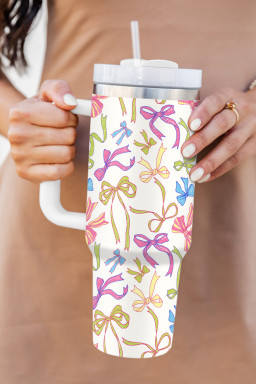 White Bow Knot Print Large Stainless Steel Vacuum Cup
