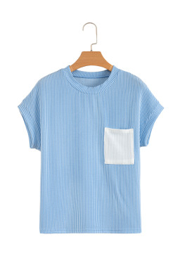 Dark Blue Corded Knit Color Block Pocketed Crew Neck T Shirt