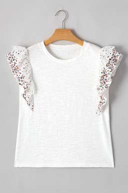 White Floral Lace Eyelet Patched Butterfly Sleeve Blouse