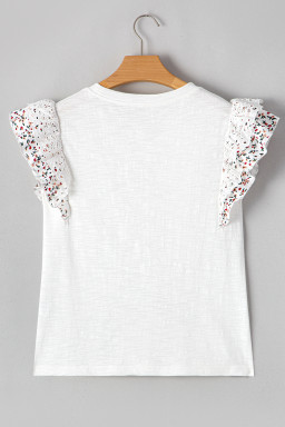 White Floral Lace Eyelet Patched Butterfly Sleeve Blouse