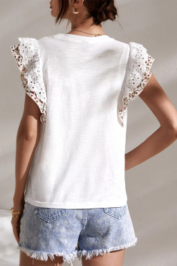 White Floral Lace Eyelet Patched Butterfly Sleeve Blouse