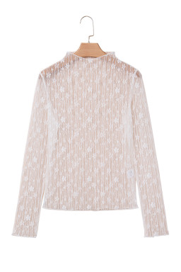 White Sheer Floral Lace Long Sleeve Slim Fit Top