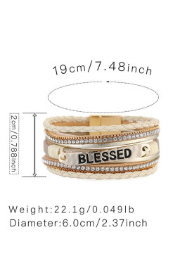 Beige BLESSED Rhinestone Leather Layered Bracelet