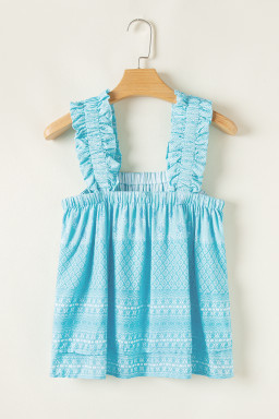 Sky Blue Floral Print Ruffled Wide Strap Loose Top