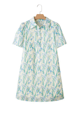 Green Floral Half Button Short Sleeve Mini Dress