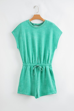 Sea Green Drawstring Waist Backless Short Sleeve Romper