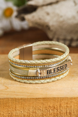 Beige BLESSED Rhinestone Leather Layered Bracelet